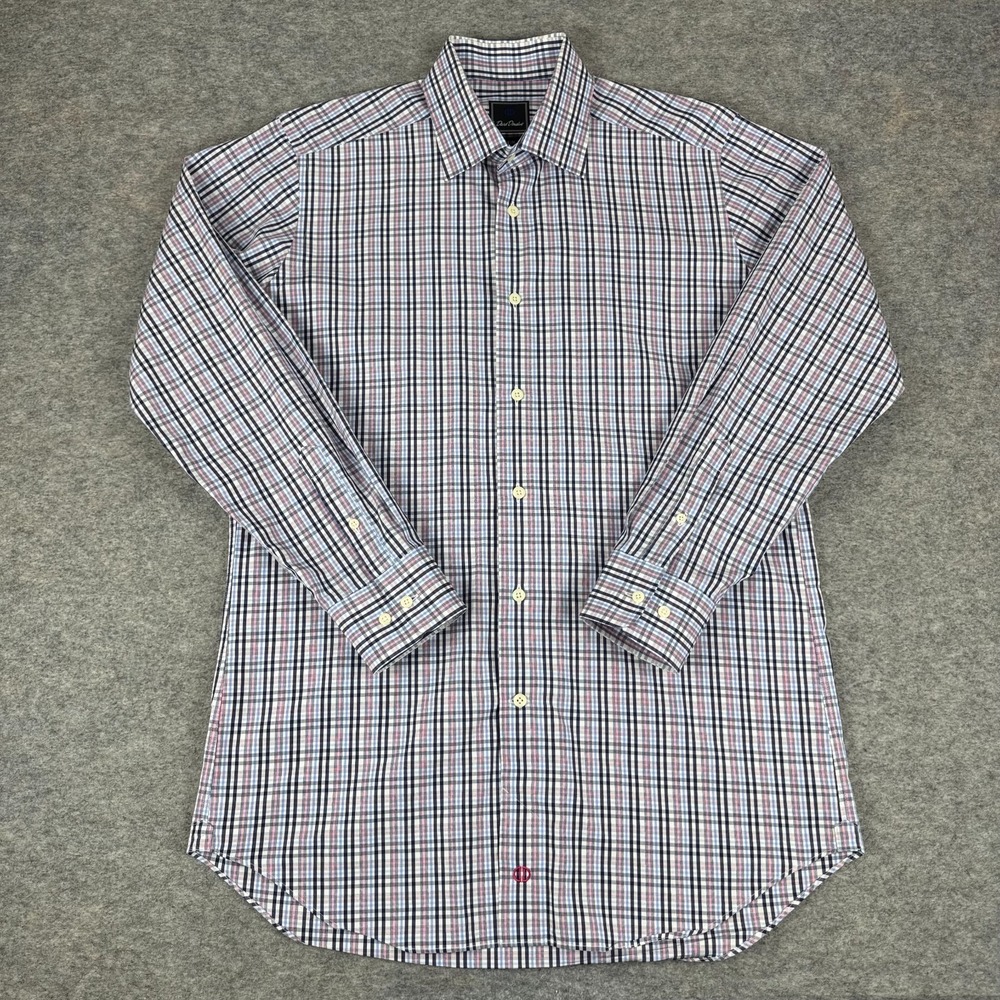 David Donahue Dress Shirt Long Sleeve Plaid Trim Cotton Mens 16 32/33
